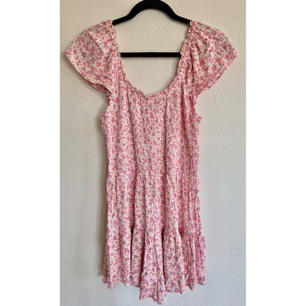 Self Esteem Juniors' Flutter-Sleeve Smocked Ruffle-Hem Romper Pink Floral M - Picture 4 of 9